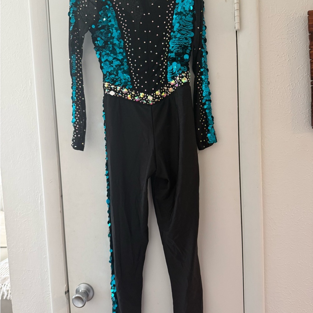 Glamour Black Jumpsuit with Teal Sequin Accents - Picture 3 of 6